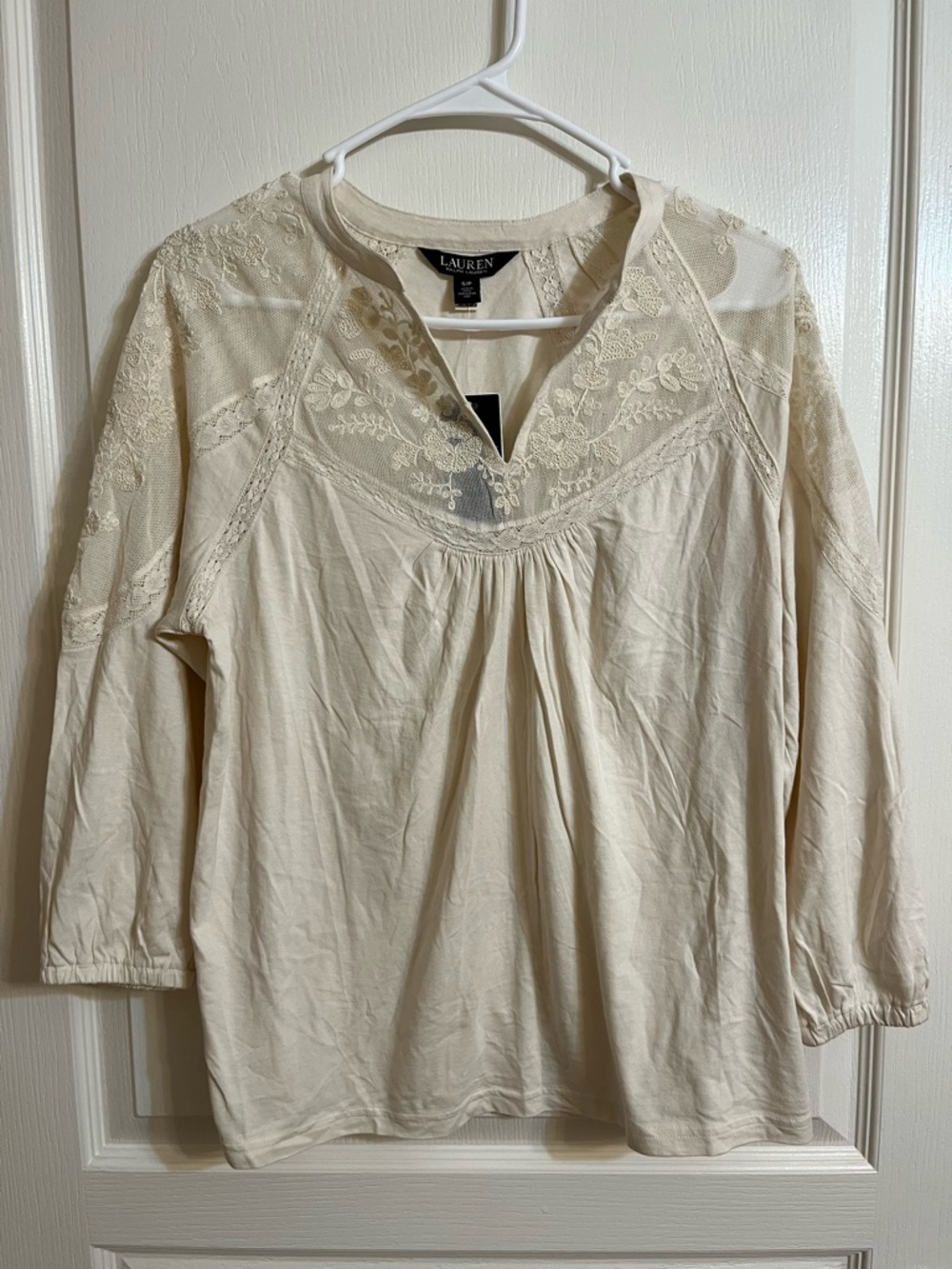 NWT Ralph Lauren Cream Lace Yoke V-Neck Women's Blouse